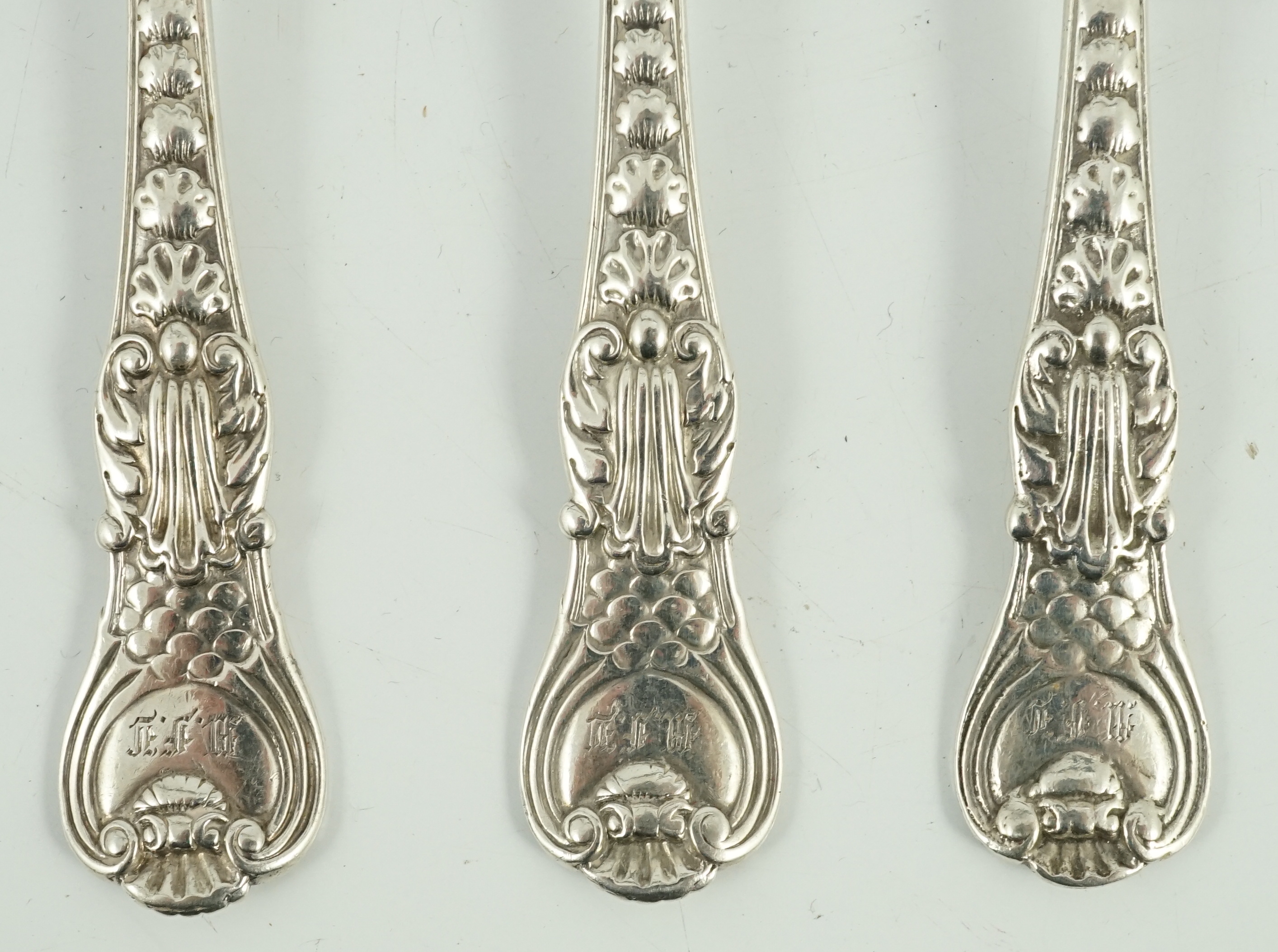 A set of three late George III Paul Storr silver Coburg pattern teaspoons